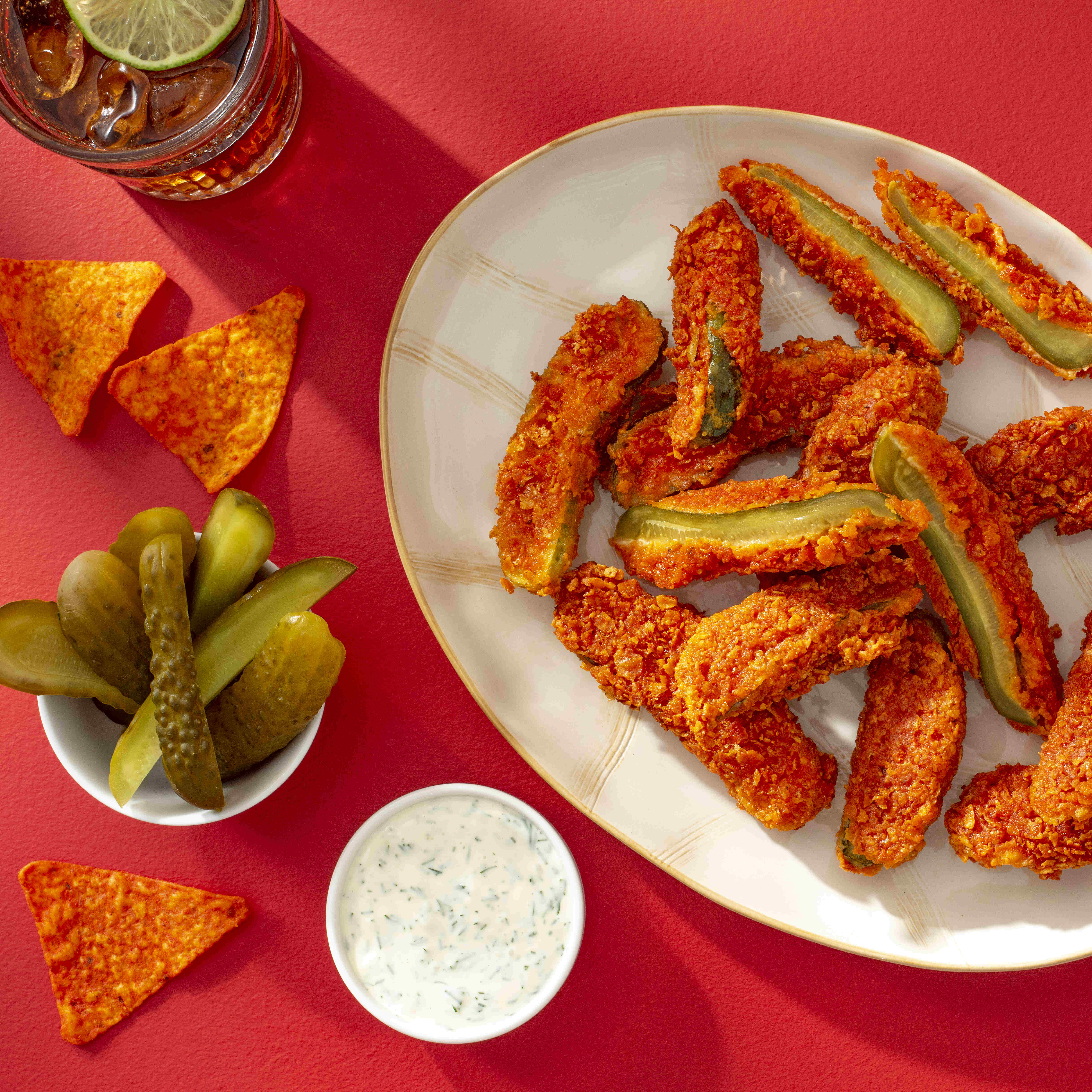 DORITOSÂ® FLAMIN HOTÂ® Nacho Air Fryer Dill Pickle Spears with Tangy Dill Sauce | FLVR